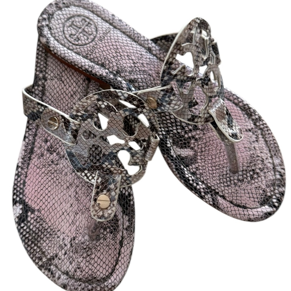 Tory Burch Pink and Black Snakeskin-Embossed Miller Logo Thong Sandal Runs Wide